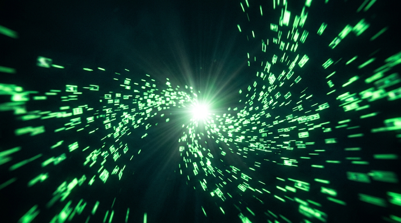 vários pequenos vídeos holográficos verde neon convergindo para um ponto de luz central