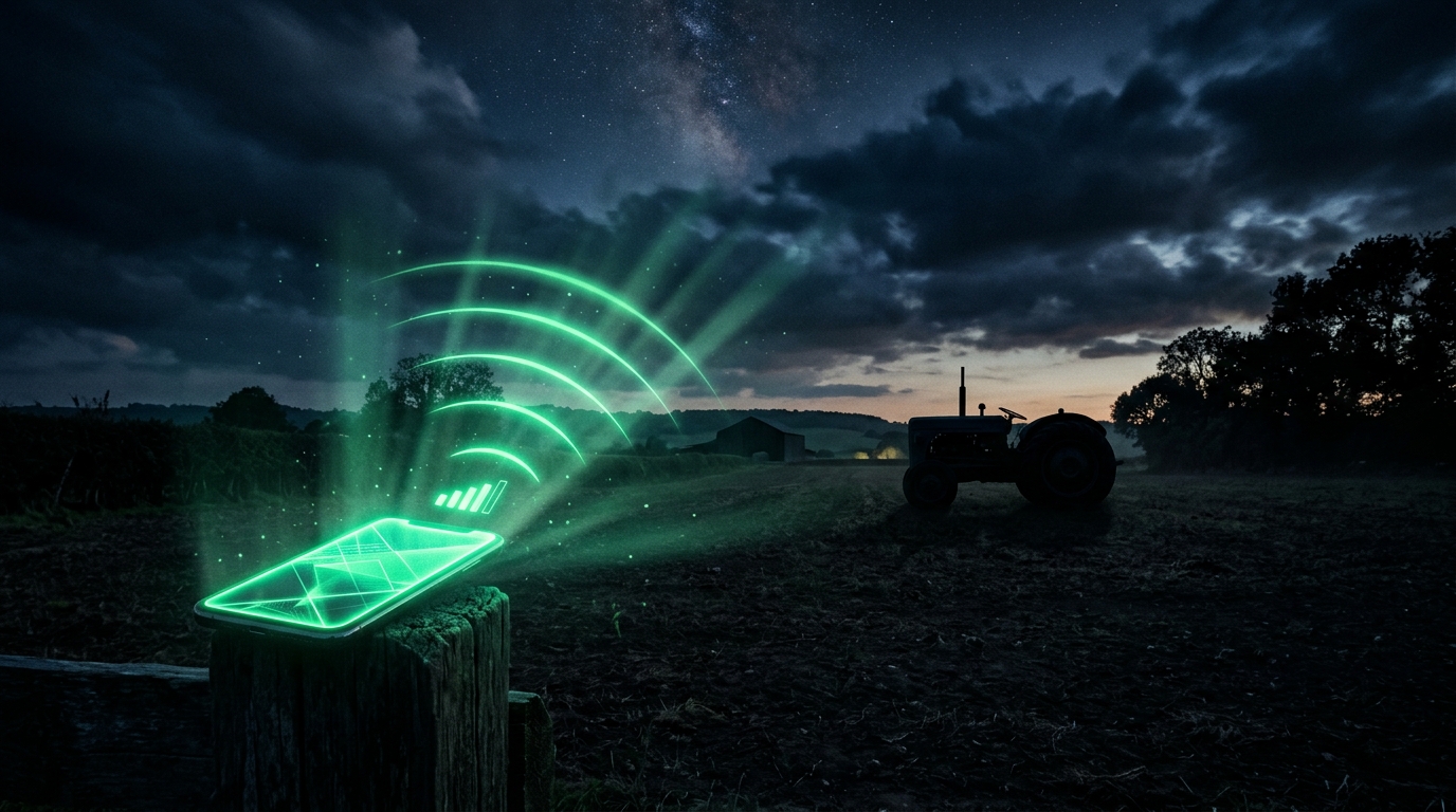 celular com conexão de sinal verde neon sobre plantação escura, simbolizando internet no campo