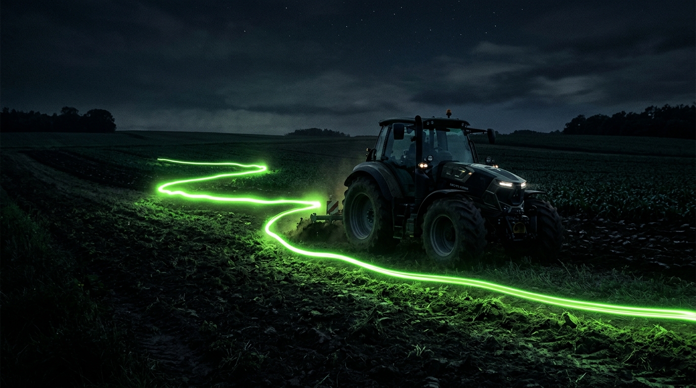 trator moderno com luzes verde neon abrindo caminho num campo escuro, cinematográfico