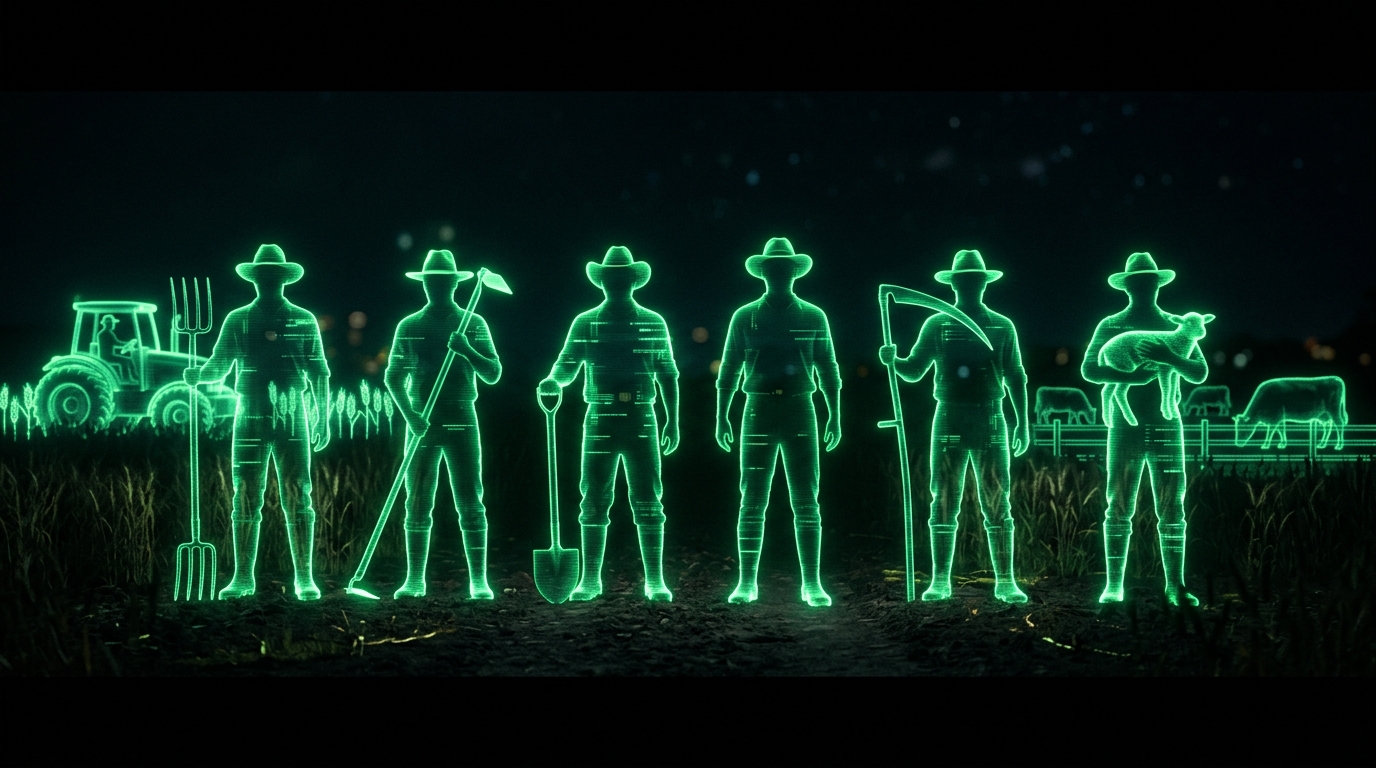 seis silhuetas holográficas verde neon de personagens diferentes lado a lado em fundo escuro