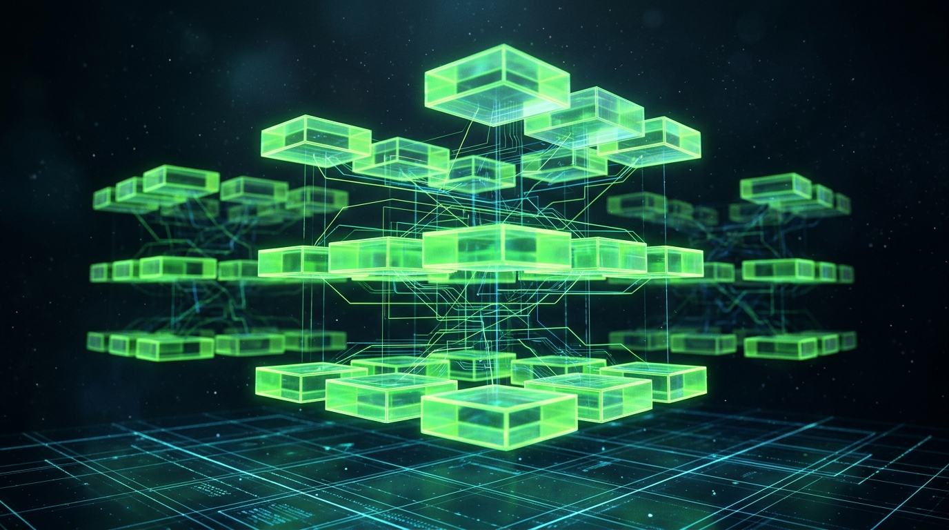 blocos geométricos verde neon organizados em camadas simulando conteúdo estruturado sendo lido por ia