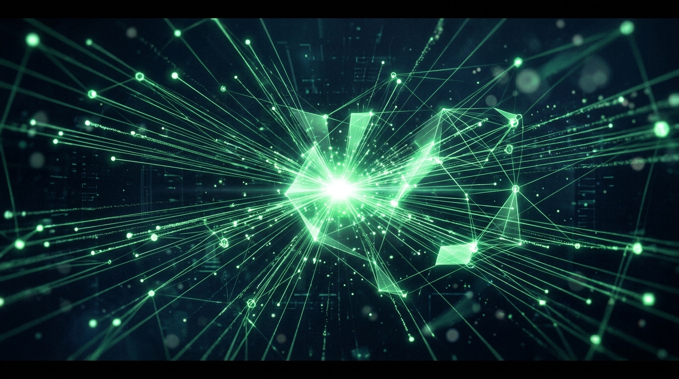 rede de nós verde neon convergindo para um ponto central iluminado representando citação em resposta de ia