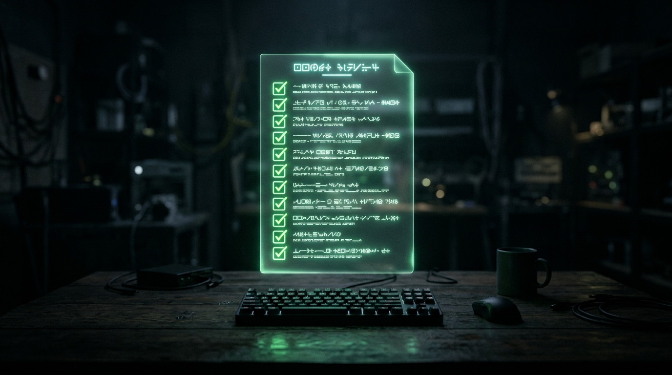 checklist holográfico verde neon flutuando sobre mesa escura