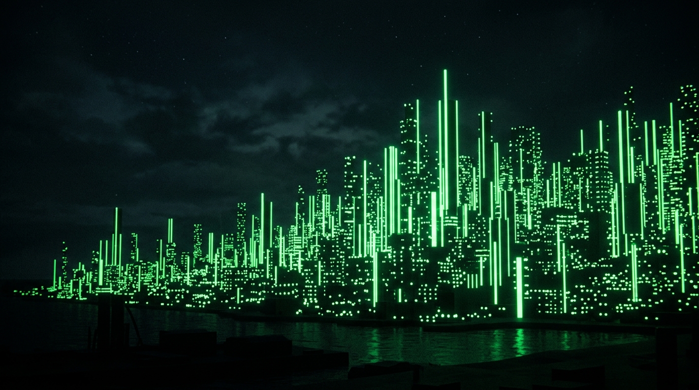lista de contatos crescendo como cidade holográfica verde neon em fundo escuro