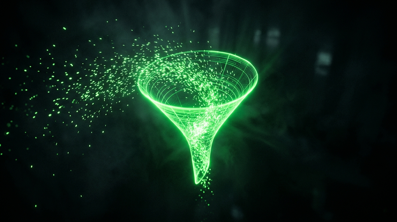 funil holográfico verde neon captando partículas de luz em fundo escuro cinematográfico