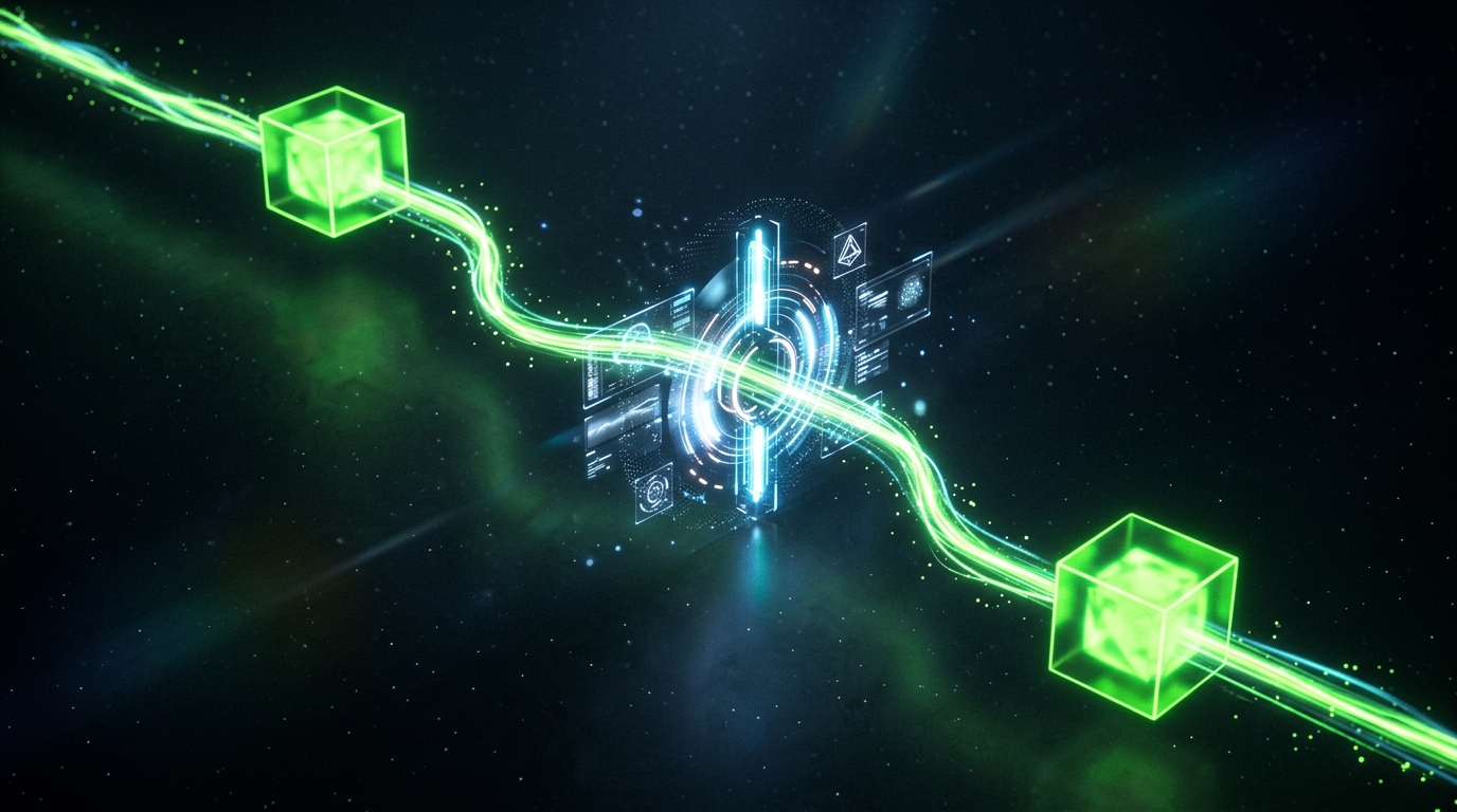 fluxo de três blocos geométricos verde neon ligados por linhas de luz com um portão de aprovação luminoso no meio, sobre fundo escuro