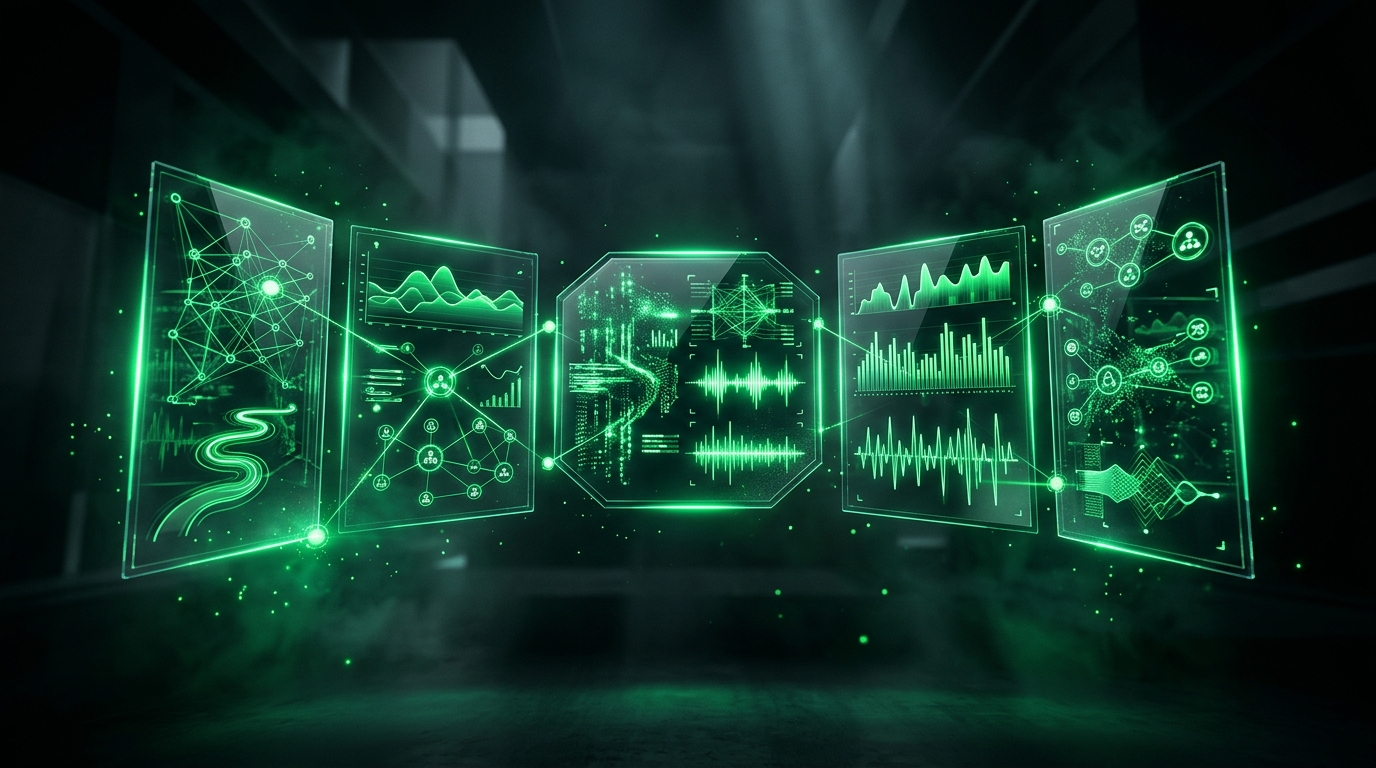painel holográfico verde neon com cinco módulos geométricos flutuando em fundo escuro, representando as funções do muse pra criador