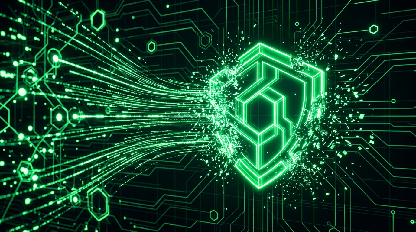 escudo geométrico verde neon bloqueando fluxos de dados em fundo escuro, representando a moderação de conteúdo de apostas