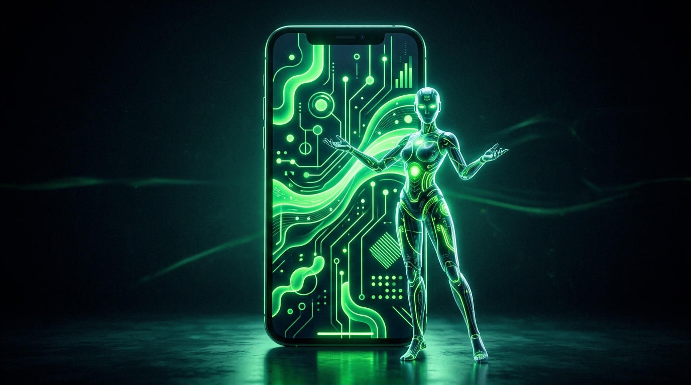 personagem de ia apresentando uma playlist em tela de celular com brilho verde neon