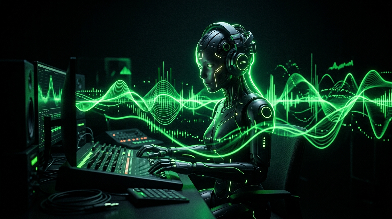 personagem de ia de fone de ouvido em estúdio escuro com ondas sonoras verde neon