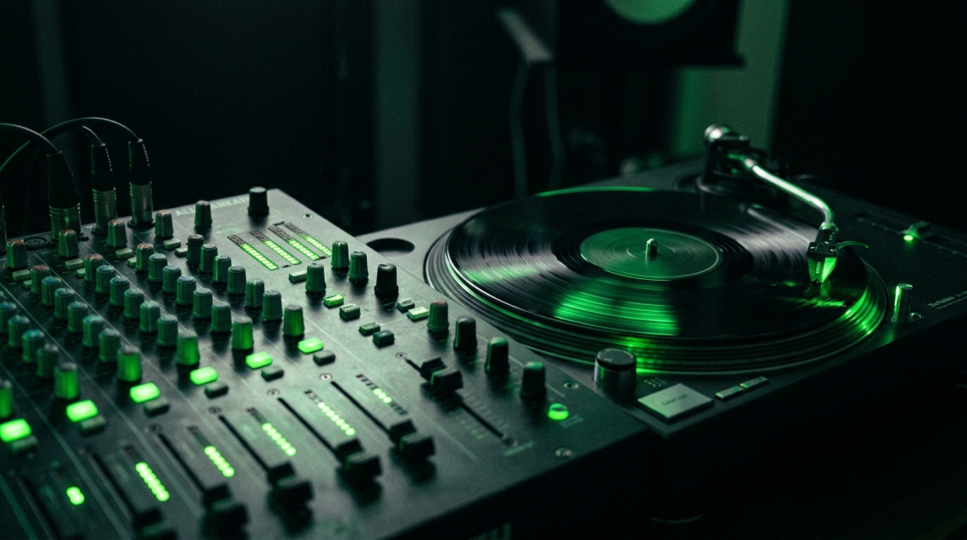mesa de mixagem e vinil iluminados em verde neon em ambiente escuro
