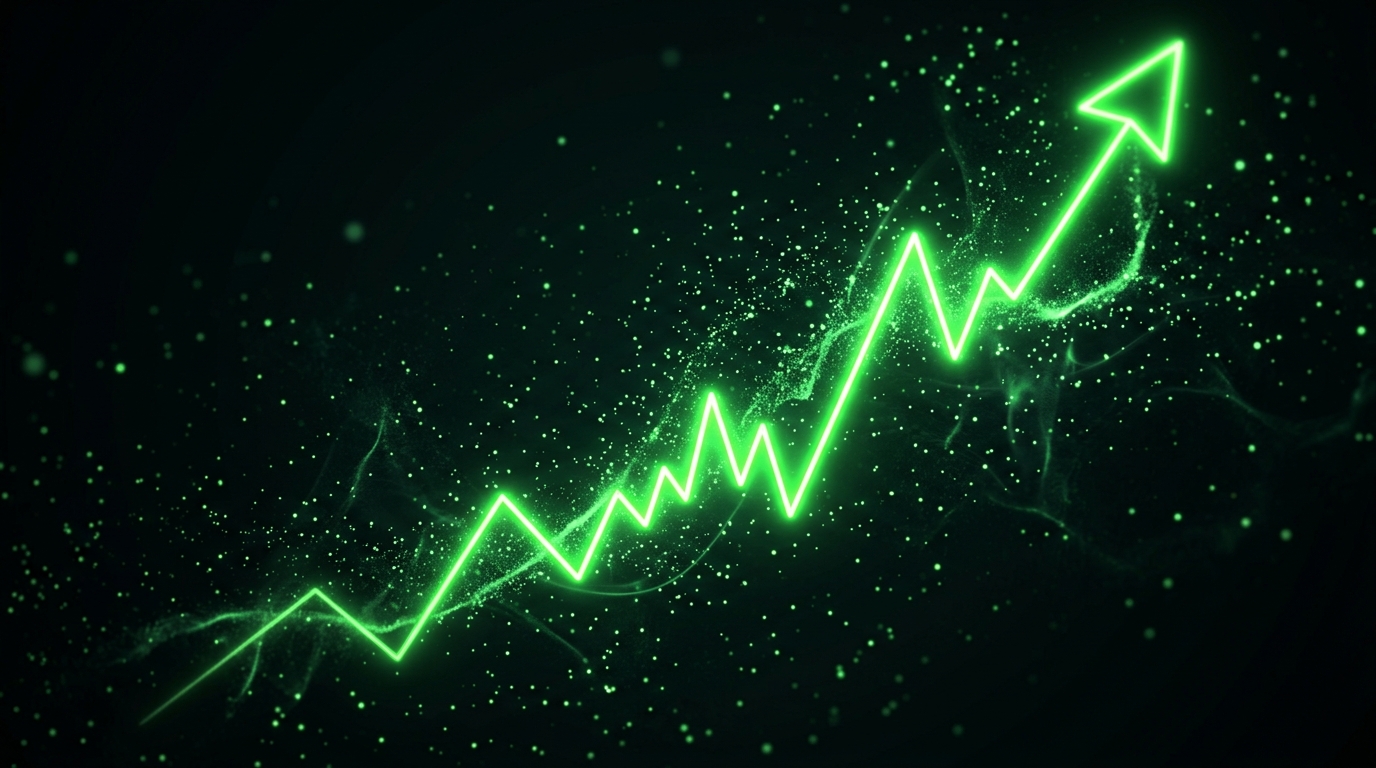 gráfico luminoso em verde neon subindo em fundo escuro