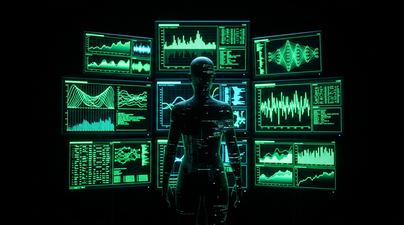 personagem de ia diante de telas com métricas em verde neon