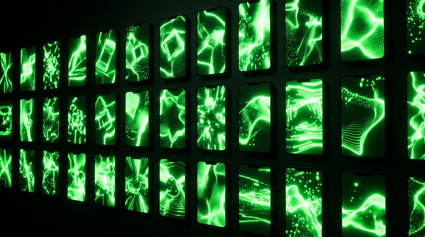 grade de vídeos curtos verticais brilhando em verde neon num painel escuro