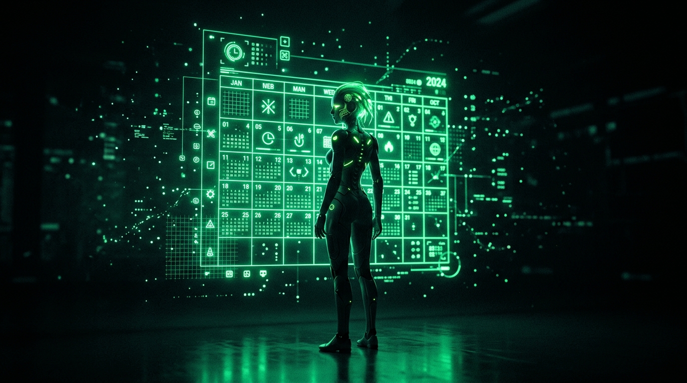 personagem de ia diante de calendário holográfico verde neon