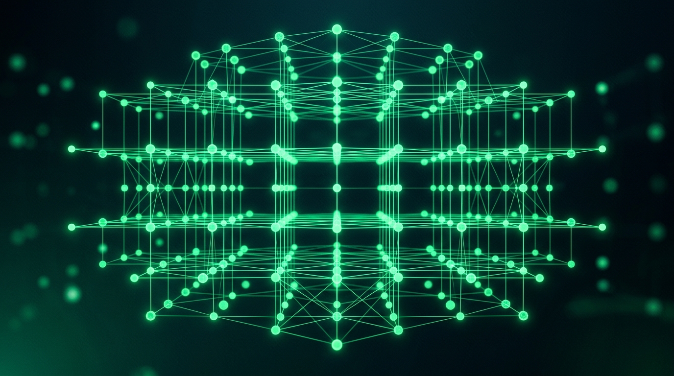 rede de nós holográficos verde neon organizada em camadas simétricas e iluminadas sobre fundo escuro, representando um perfil estruturado e fácil de ler por máquina
