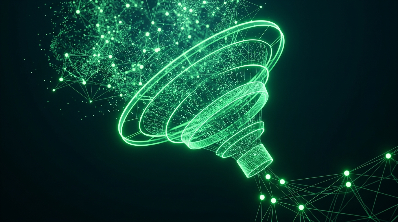 funil holográfico verde neon filtrando uma nuvem de nós geométricos em fundo escuro, com poucos nós passando pela saída, representando a triagem automática de creators