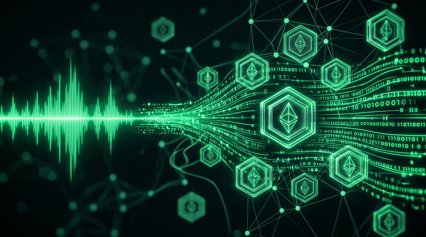 ondas holográficas verde neon se transformando em fluxos de dados e formas geométricas sobre fundo escuro futurista