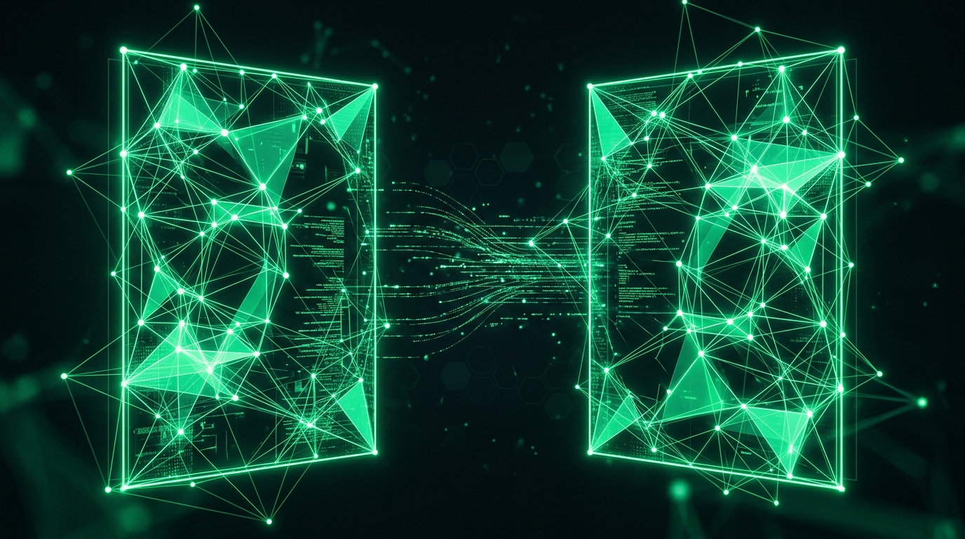 rede holográfica verde neon de nós conectados formando duas telas de transmissão ao vivo lado a lado sobre fundo escuro