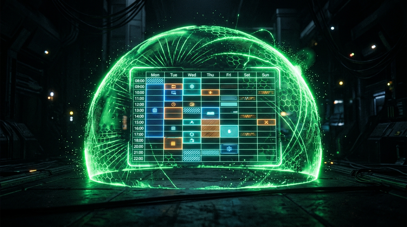 escudo holográfico verde neon protegendo um cronograma luminoso em fundo escuro