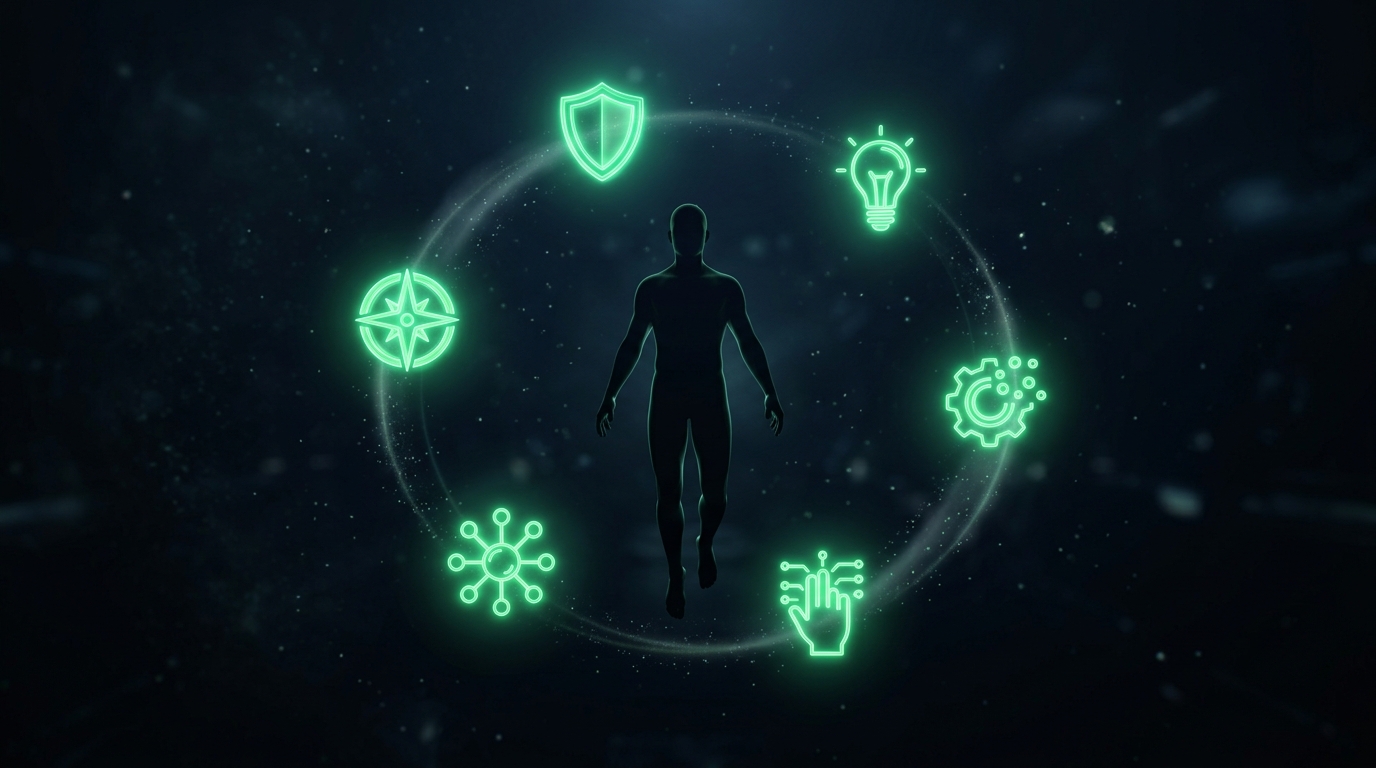 seis ícones holográficos verde neon flutuando ao redor de uma silhueta central de avatar