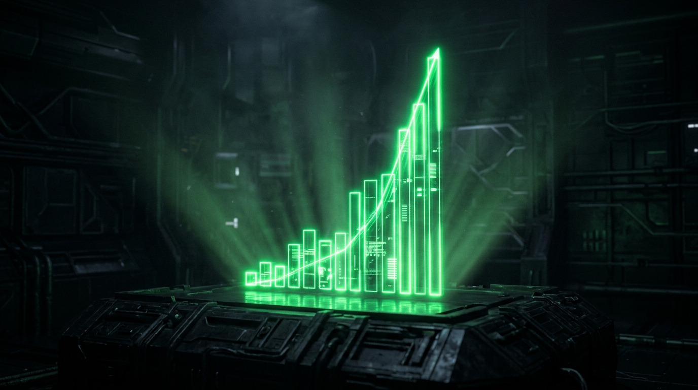 gráfico holográfico verde neon em crescimento acentuado sobre fundo escuro