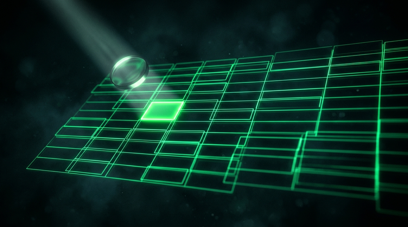 planilha holográfica verde neon com células luminosas e uma lupa de luz