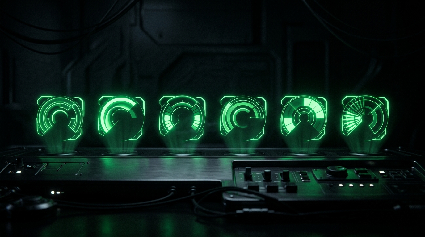 seis medidores holográficos verde neon alinhados em fileira sobre fundo escuro