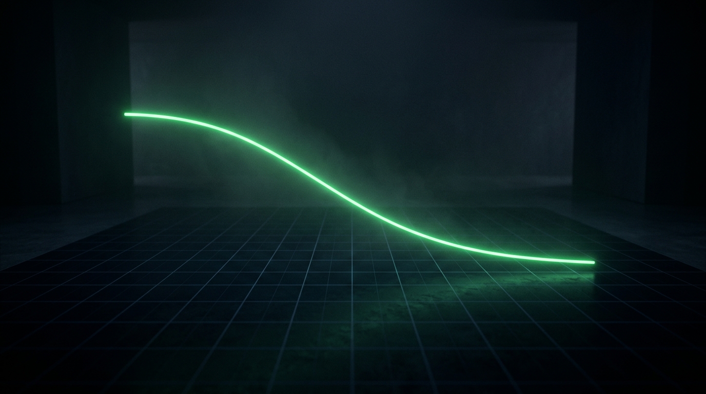 curva de retenção verde neon descendo suave sobre fundo escuro cinematográfico