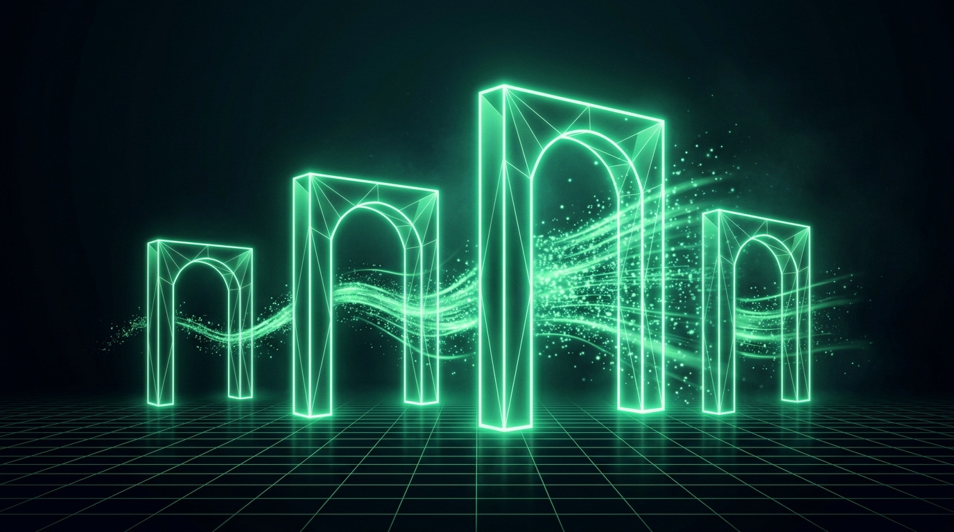 quatro portões holográficos verde neon de alturas diferentes alinhados sobre fundo escuro
