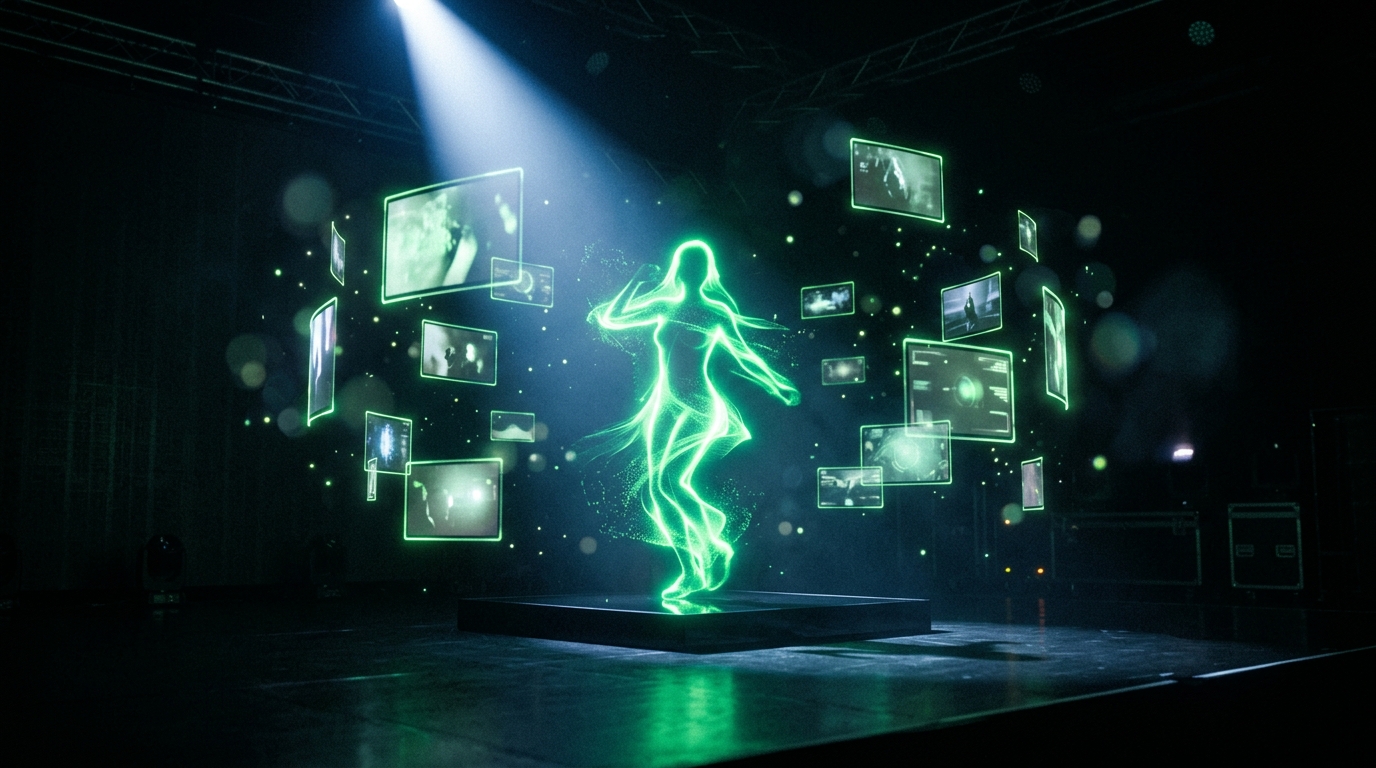 avatar de influencer holográfico verde neon sob um holofote em palco escuro