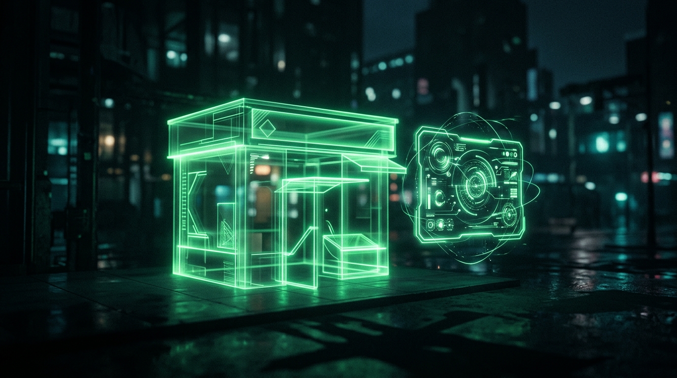 pequena loja holográfica verde neon ganhando um painel automático de campanha