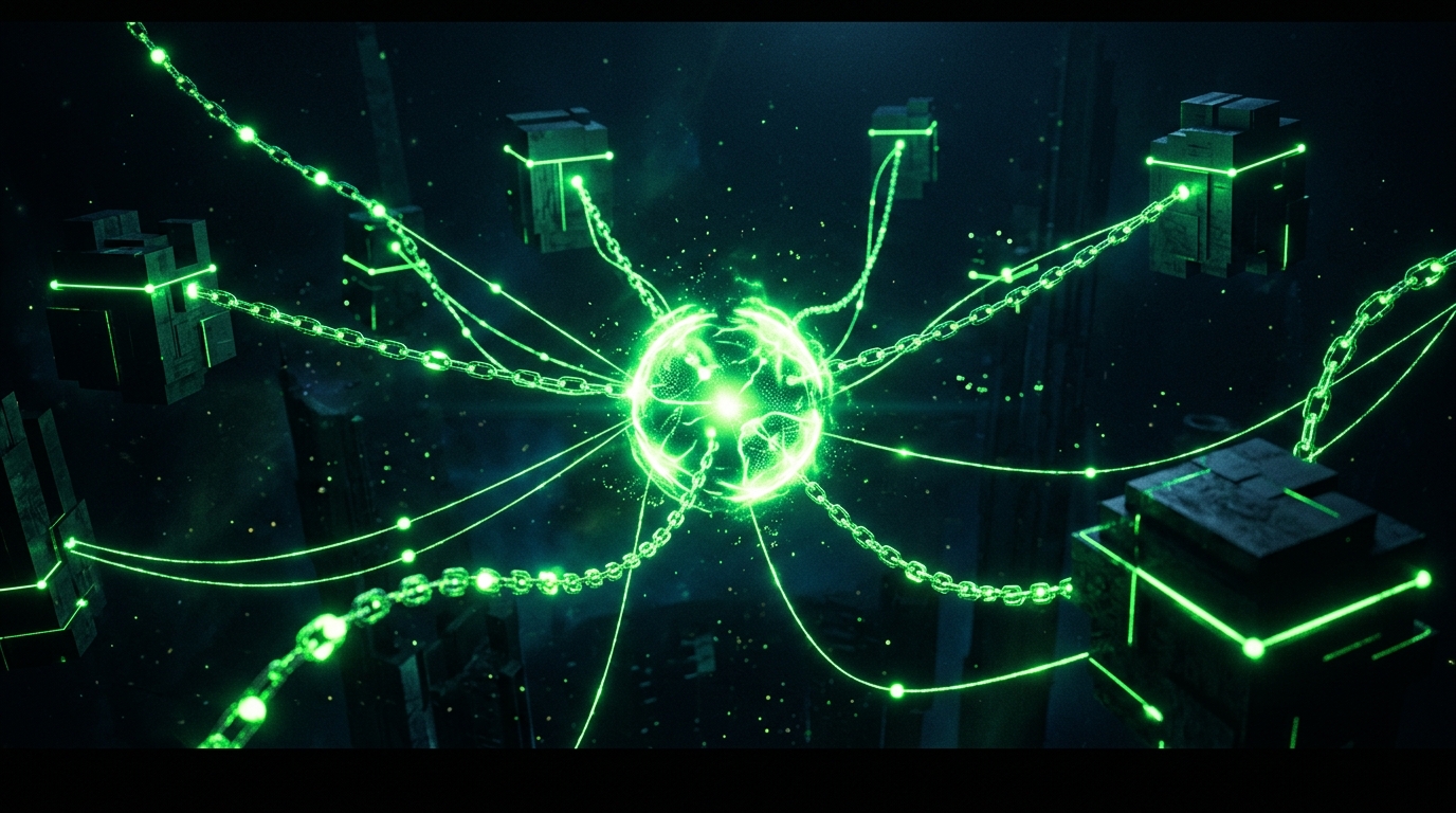 cadeia de nós verde neon conectando um agente a blocos de campanha luminosos