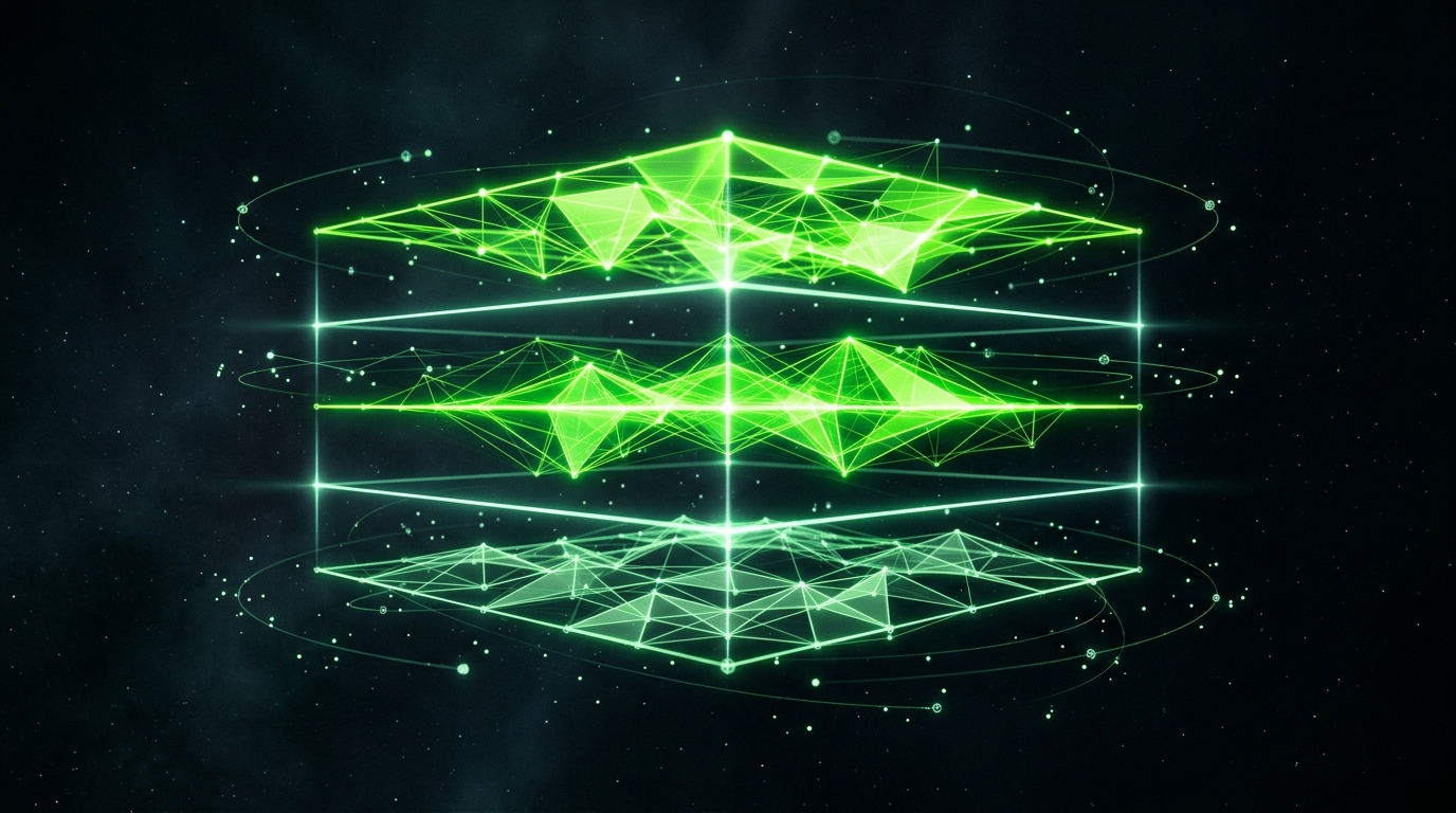 três camadas geométricas verde neon empilhadas e separadas por feixes de luz em fundo escuro, representando direito de uso, whitelisting e exclusividade