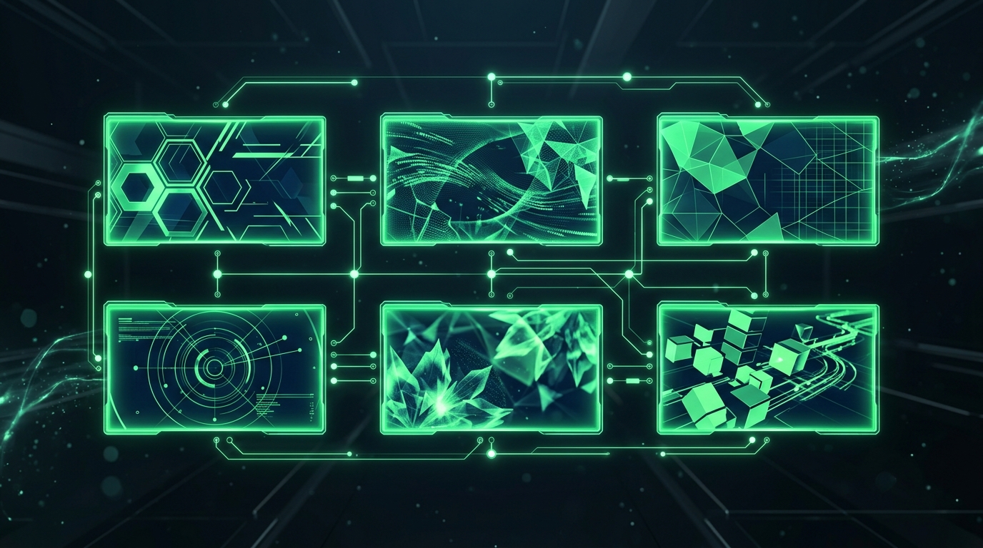 grade de vários quadros de vídeo holográficos verde neon com pequenas variações entre si, representando um pacote de variações de anúncio gerado por ia