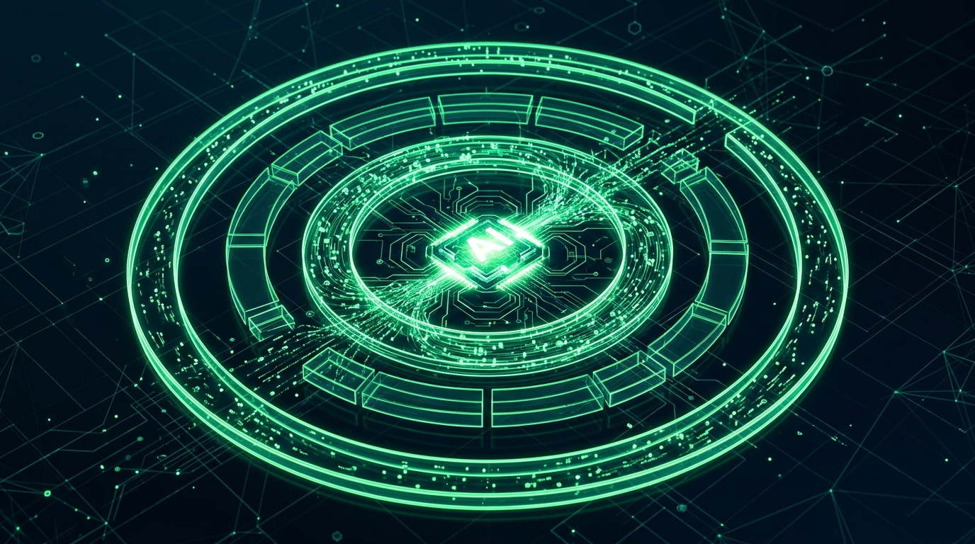 três anéis concêntricos holográficos verde neon com barreiras geométricas contendo um fluxo de dados de ia, representando zonas de limite pro agente