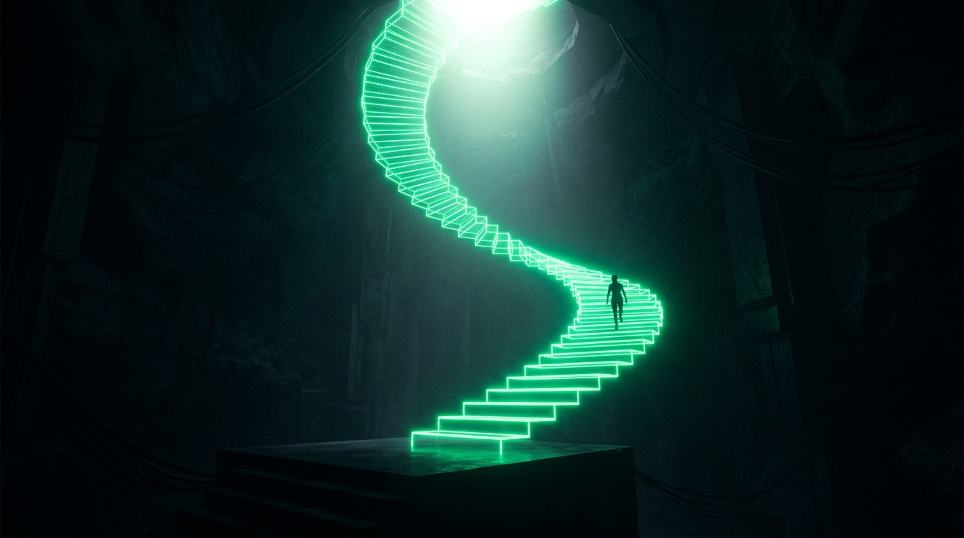 trilha holográfica verde neon com degraus subindo, simbolizando evolução do aluno, fundo escuro