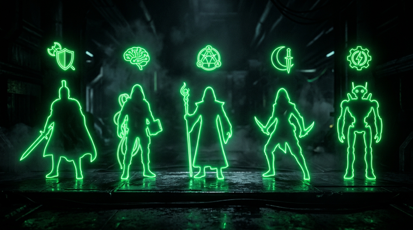 cinco avatares holográficos verde neon em fila representando personas diferentes, fundo escuro