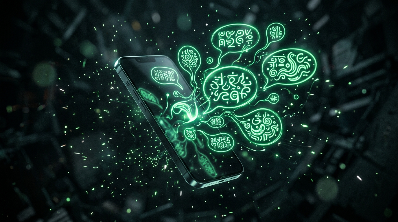 smartphone holográfico verde neon exibindo bolhas de conversa em vários idiomas, fundo escuro cinematográfico