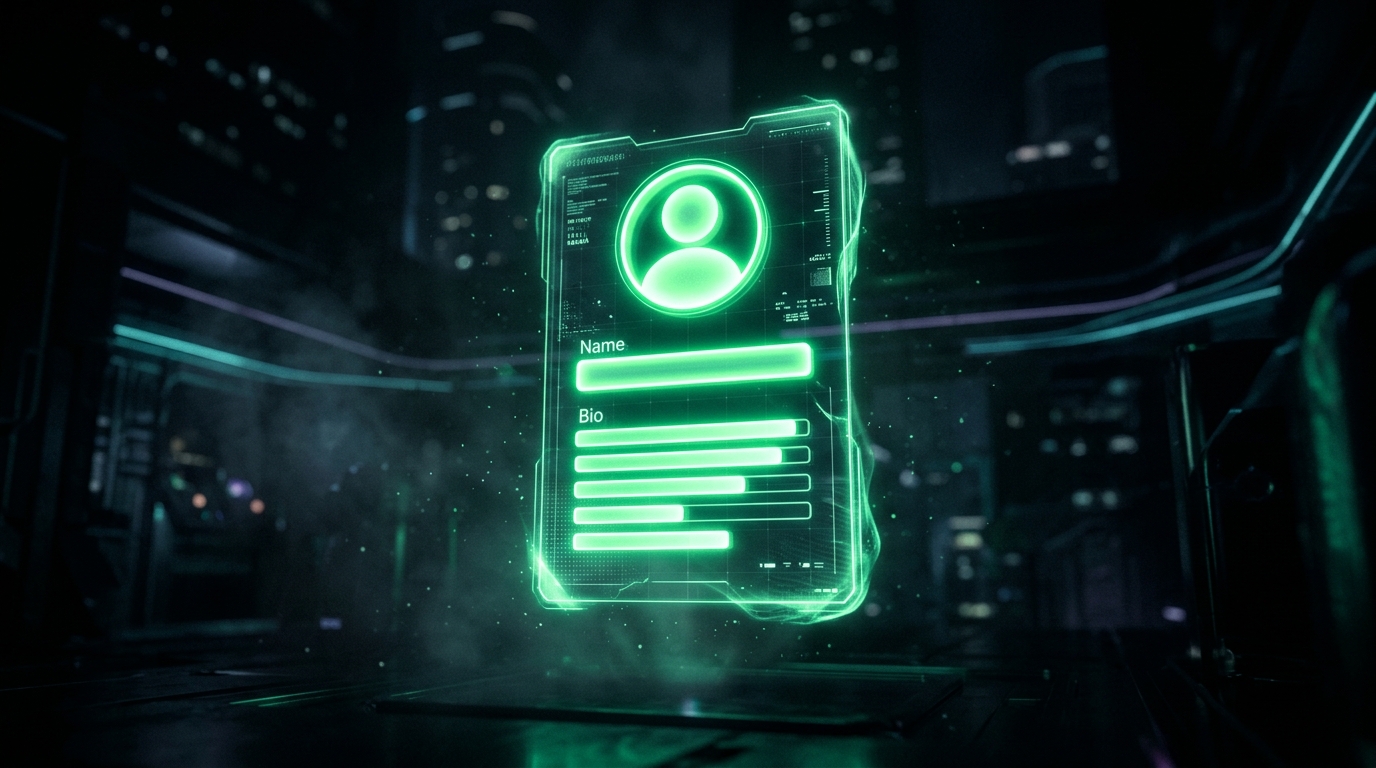 perfil holográfico verde neon com campos de nome e bio destacados, fundo escuro