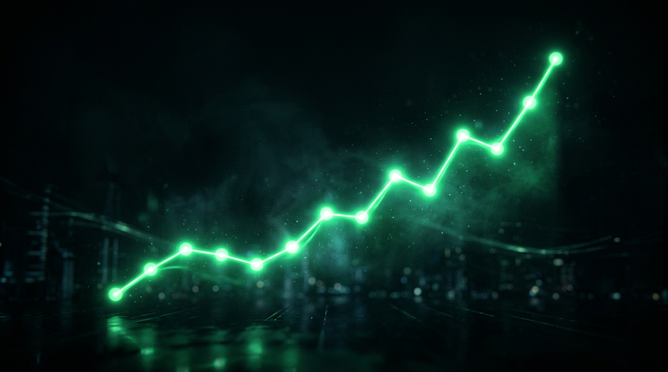 gráfico holográfico verde neon de crescimento subindo, fundo escuro cinematográfico