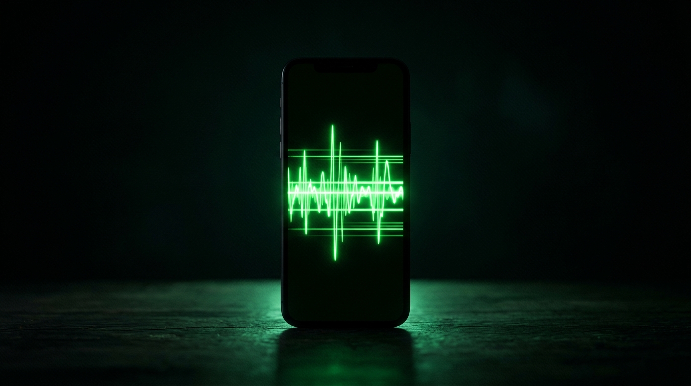 ondas sonoras verde neon saindo de uma tela de vídeo vertical, simbolizando a fala do reel, fundo escuro