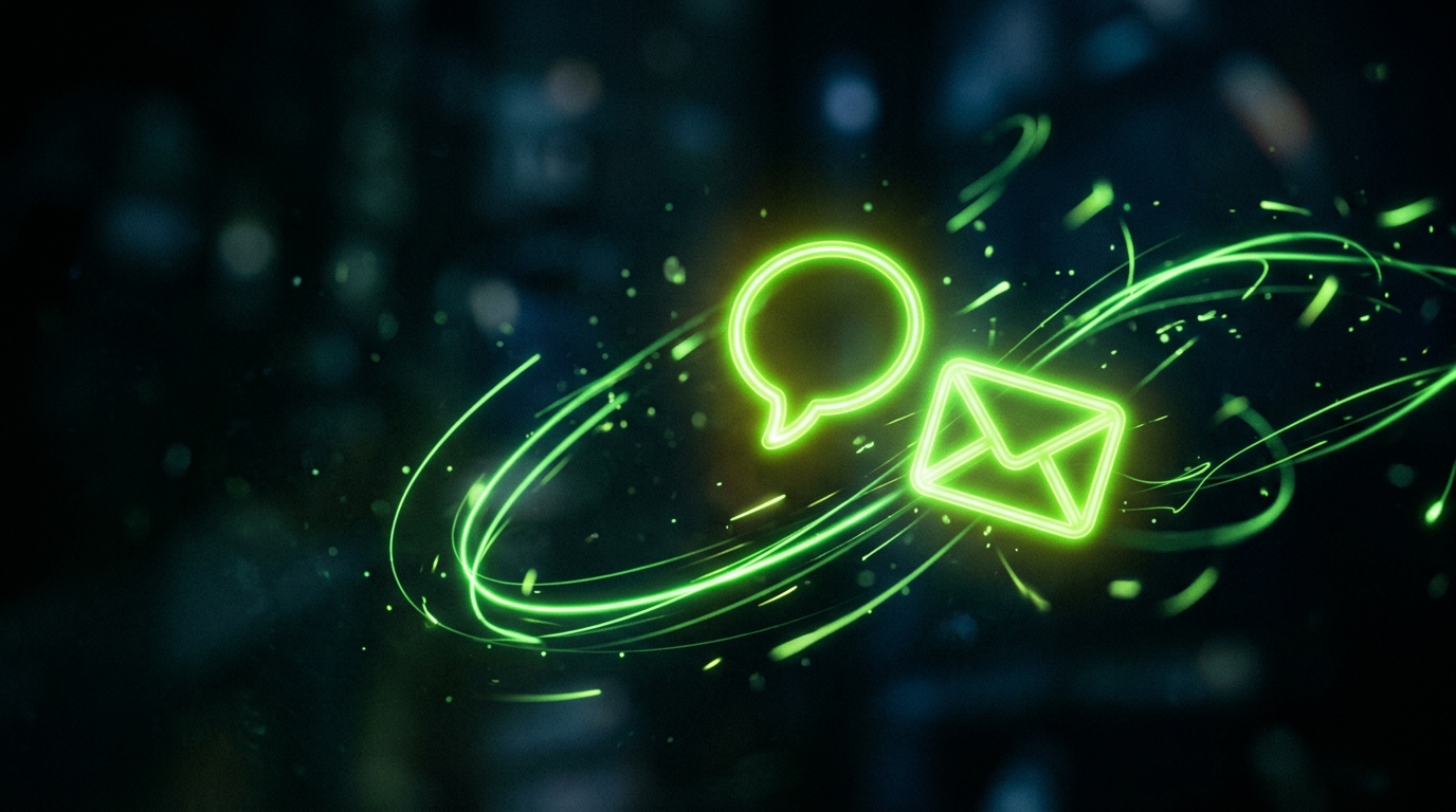 balão de conversa e envelope verde neon representando whatsapp e e-mail, fundo escuro cinematográfico