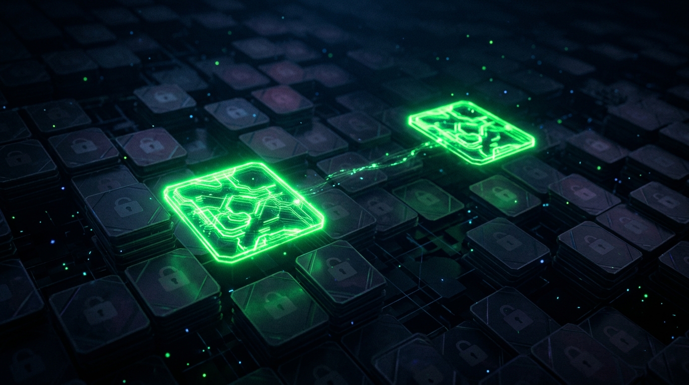 dois cartões de link holográficos verde neon restantes em meio a vários bloqueados, fundo escuro