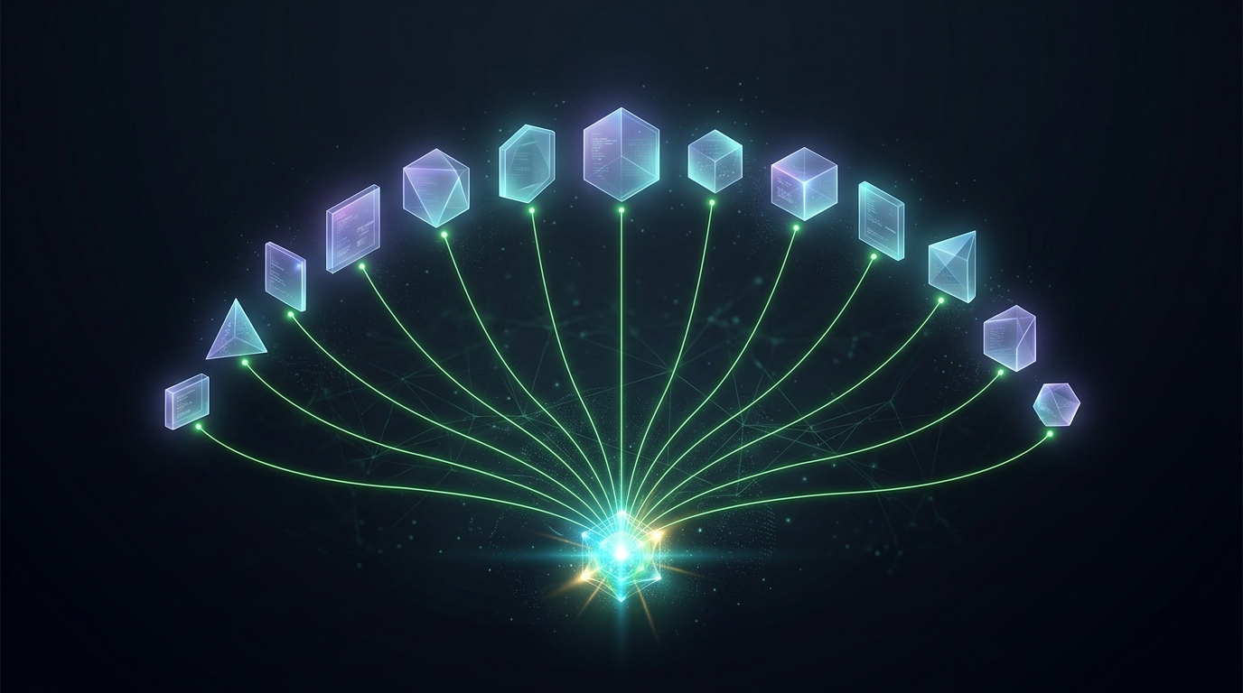 vários painéis geométricos verde neon conectados por fios de luz a um nó central, representando múltiplas referências combinadas numa geração de vídeo