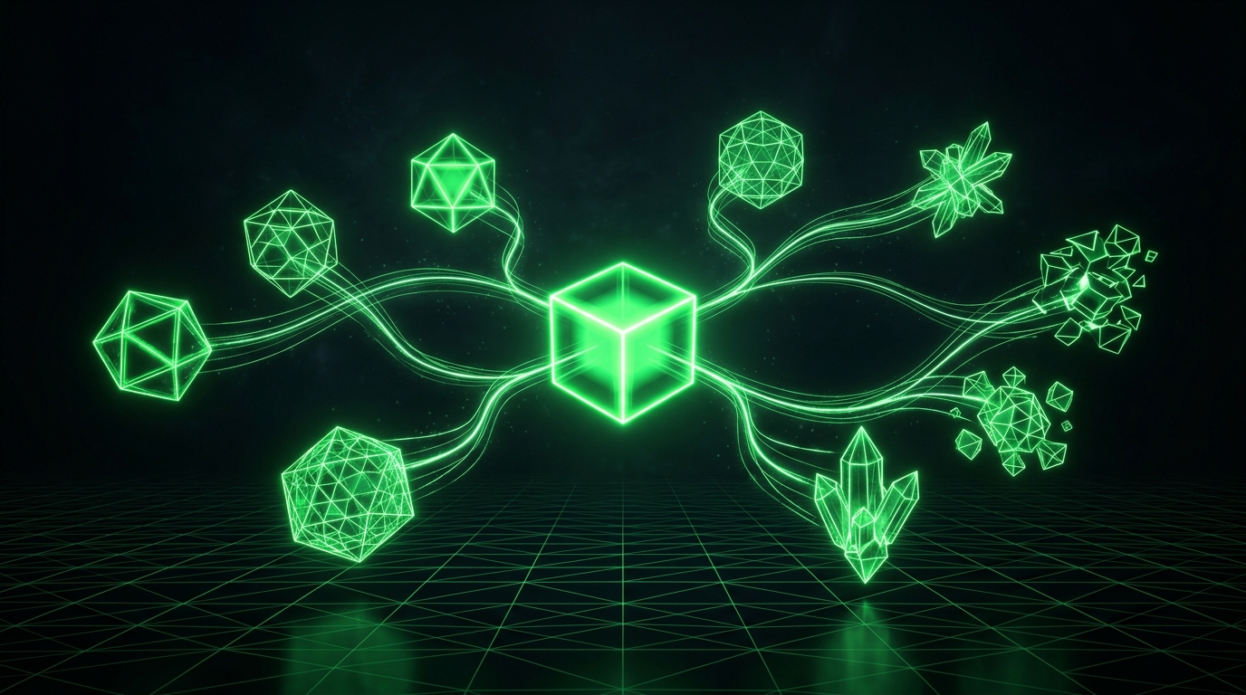 bloco holográfico verde neon aprovado se ramificando em variações geométricas com cores e fundos diferentes, representando edição de vídeo em vez de nova geração