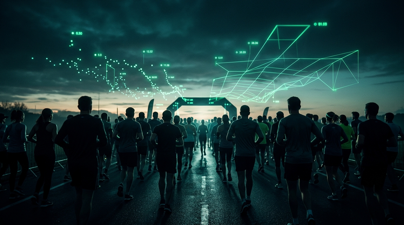 multidão de corredores na largada com pontos de dados verde neon flutuando