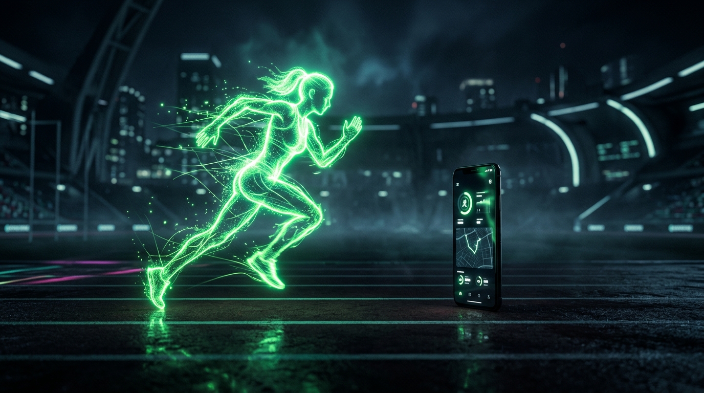 holograma verde neon de uma persona de corrida ao lado de um celular