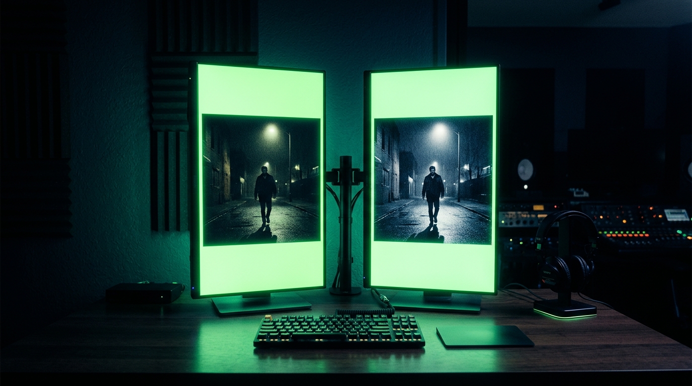 duas telas verde neon lado a lado comparando duas versões de vídeo