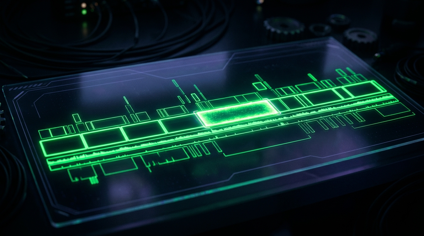 linha do tempo de edição de vídeo em barras verde neon com um trecho destacado